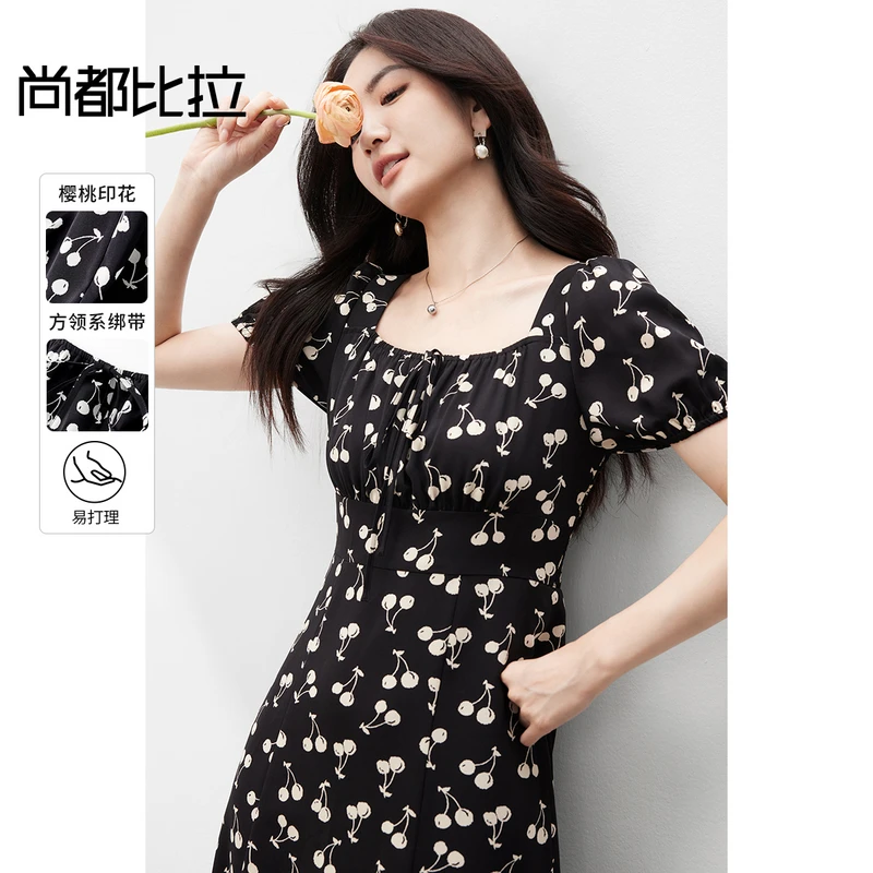 尚都比拉雪纺连衣裙女夏优雅度假方领泡泡袖收腰显瘦樱桃印花裙子