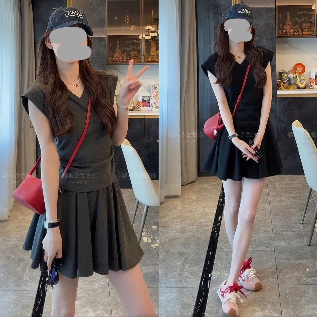 洋气衣服女2025夏季坎肩收腰显瘦上衣百搭松紧腰半身休闲气质套装