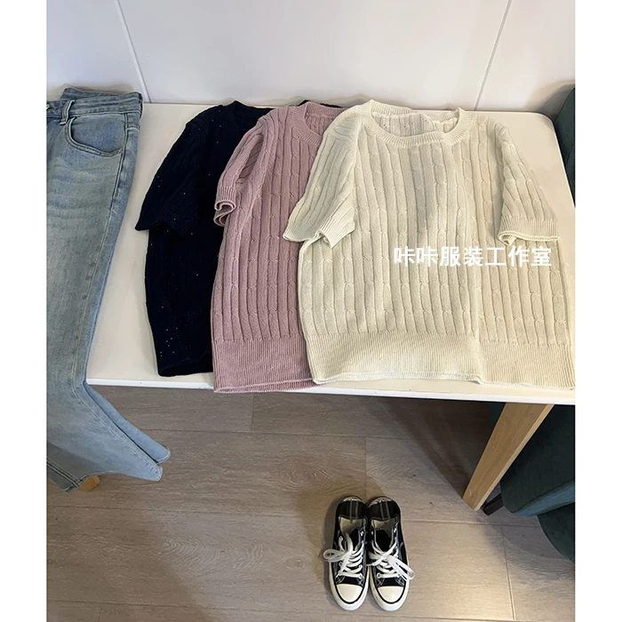 REKAYYAT“采薇”莱赛尔天丝韩系百搭减龄时尚亮晶晶短袖圆领针织衫