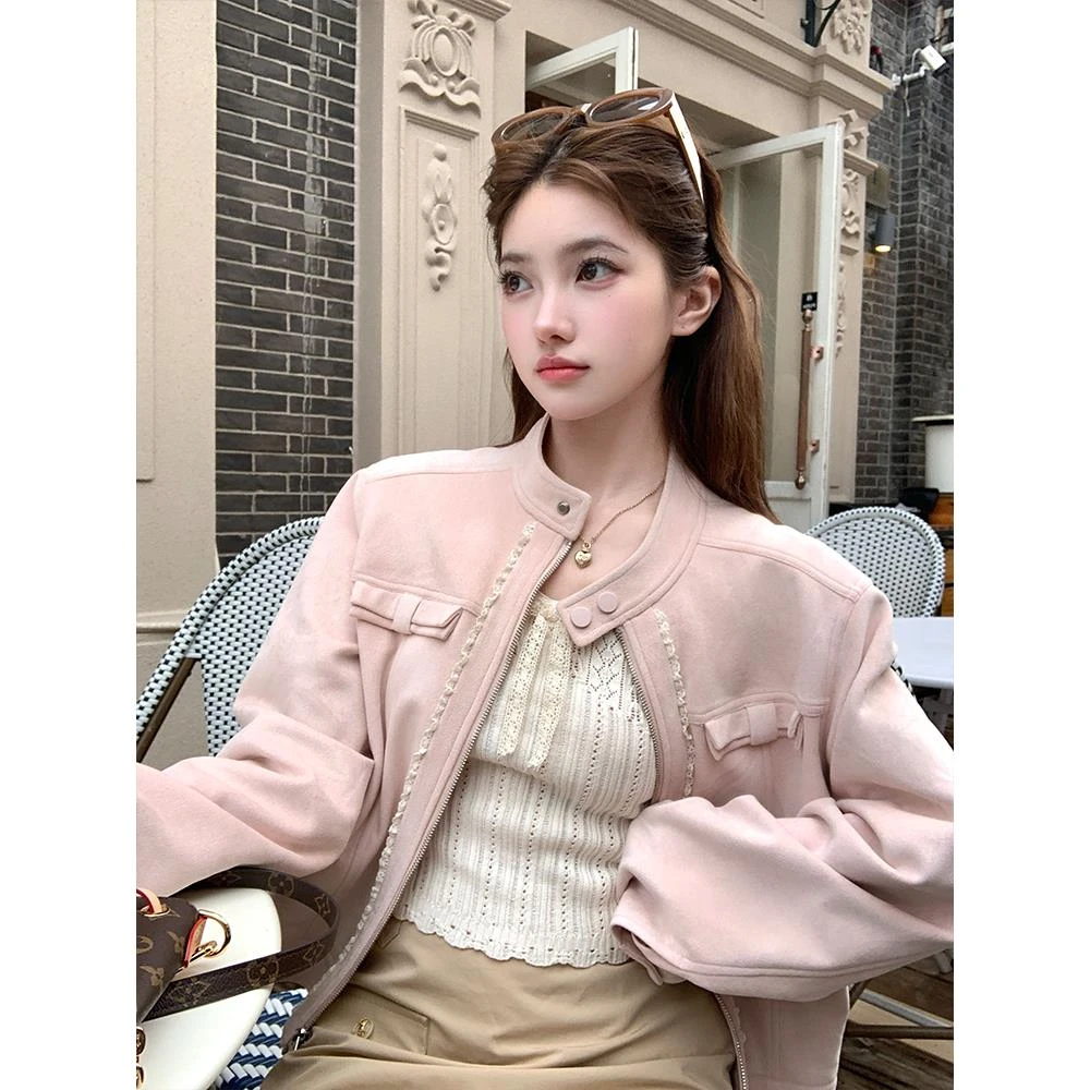 炽铂2025秋季新款【桃粉茜茜】巨好看廓形麂皮短小香风外套网红百搭