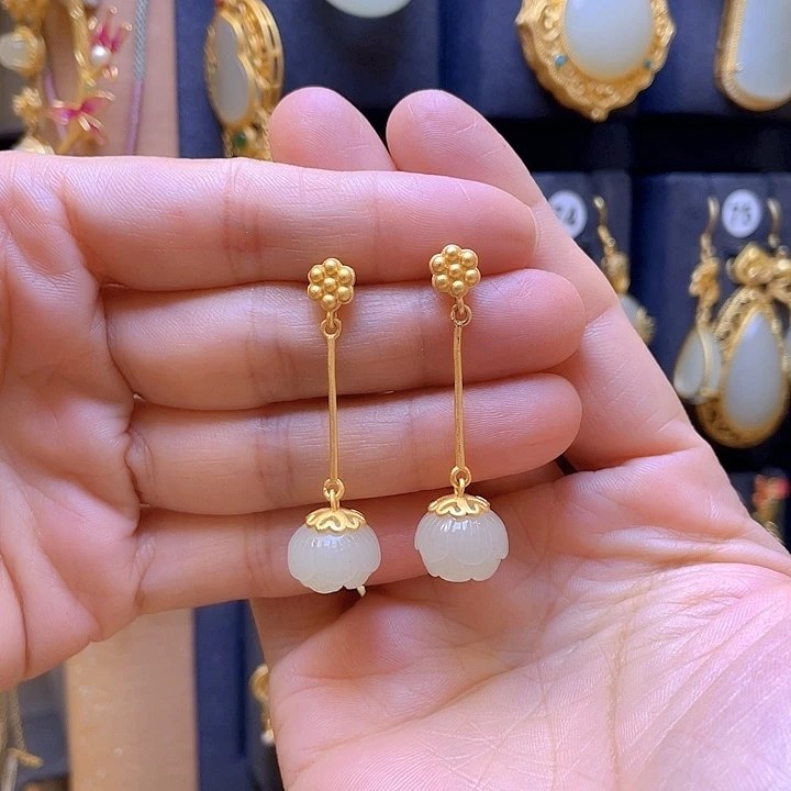 和田玉银S925镀金镶嵌耳饰