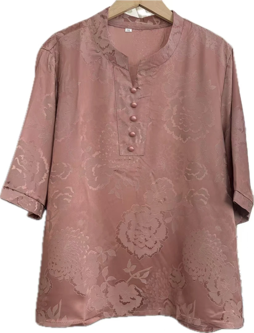 [花田]富贵牡丹新款缎面提花小衫新中式时尚气质短袖夏季国风T恤