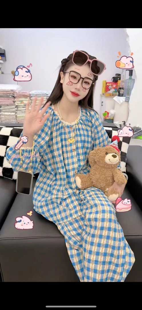 韩版ins风碎花格子双层面纱短袖长裤夏季女款可爱田园风睡衣套装