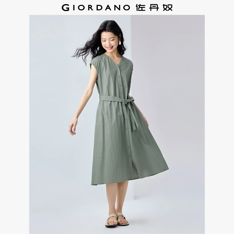 佐丹奴天然棉麻绑带收腰连衣裙女夏季法式V领立领连衣裙05465329