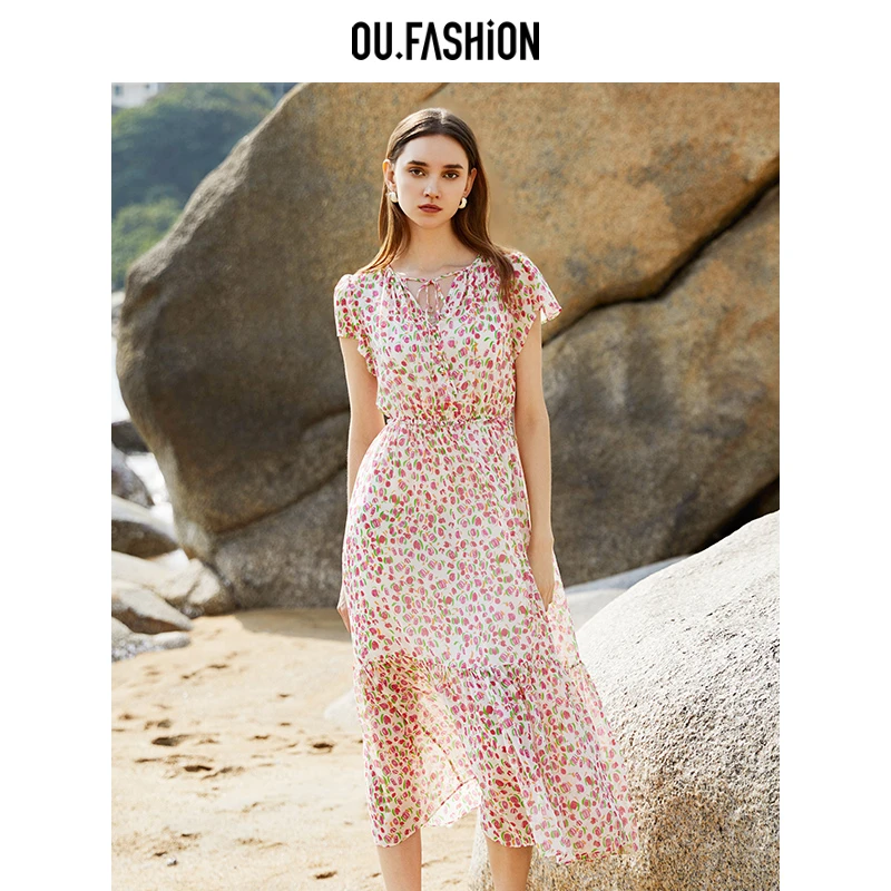 OU.FASHION/欧点原创简笔蔷薇印花裙桑蚕丝短袖连衣裙1122420014