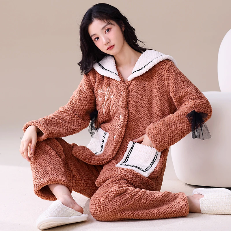 2025年爆款加绒加厚秋冬上新时尚锁温高级黑色保暖女士长袖家居服