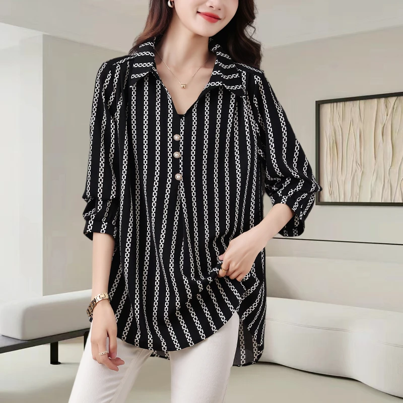 雪纺衬衫女士早秋季2025年新款中长高端洋气大码上衣小衫长袖衬衣