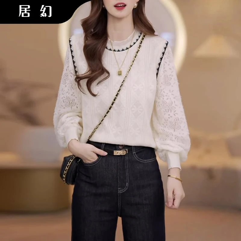 居幻早秋冬新款时尚圆领设计感蕾丝拼接针织衫女高级气质长袖上衣