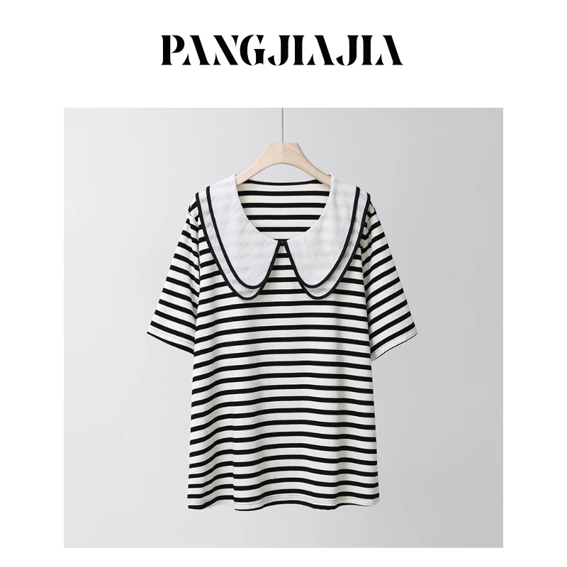 【胖佳佳】条纹恋人 短袖条纹T恤减龄撞色娃娃领H625Z04804