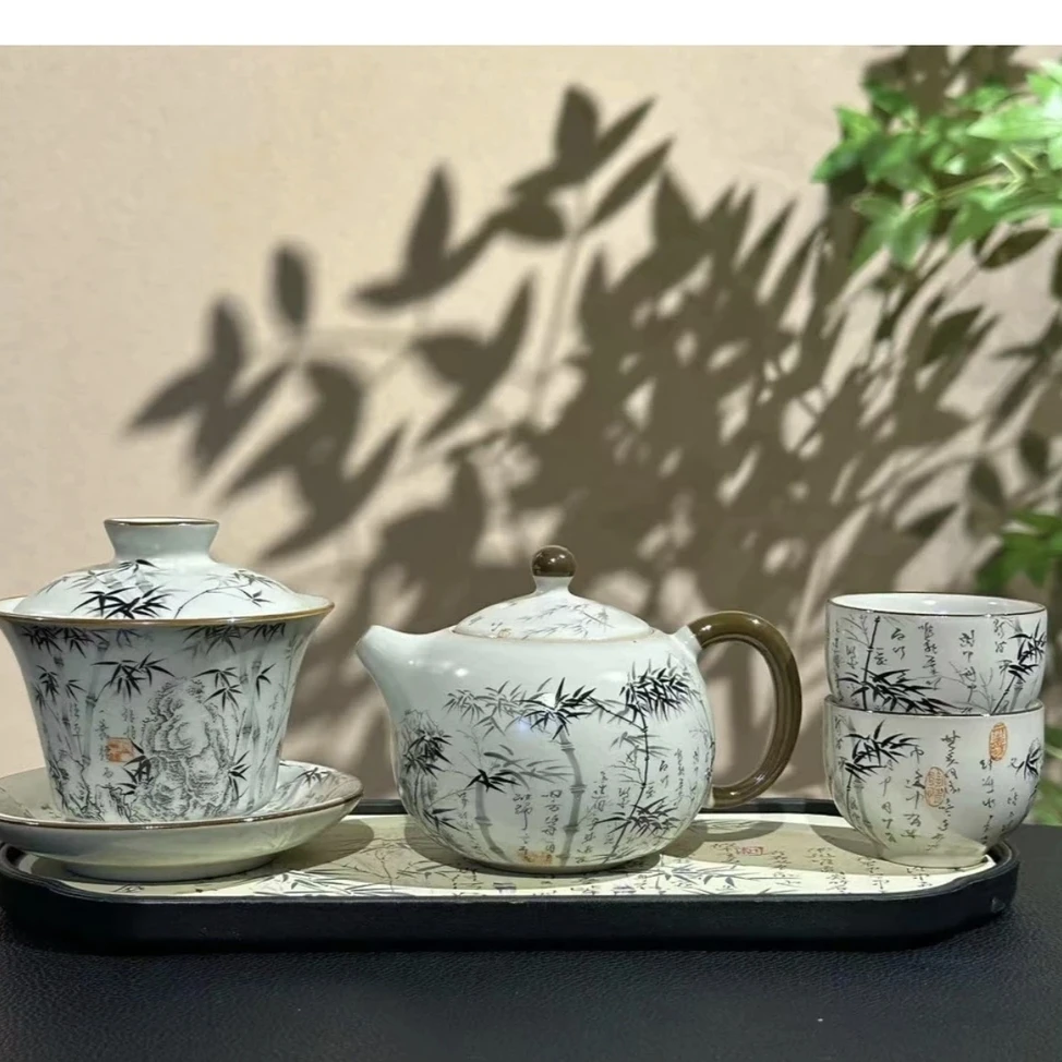 ZH1589-墨竹茶壶+盖碗+两客杯+茶盘