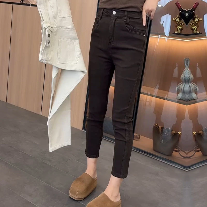 s55380秋季新款百搭咖色牛仔裤女小个子磨毛显瘦八分裤直筒烟管裤