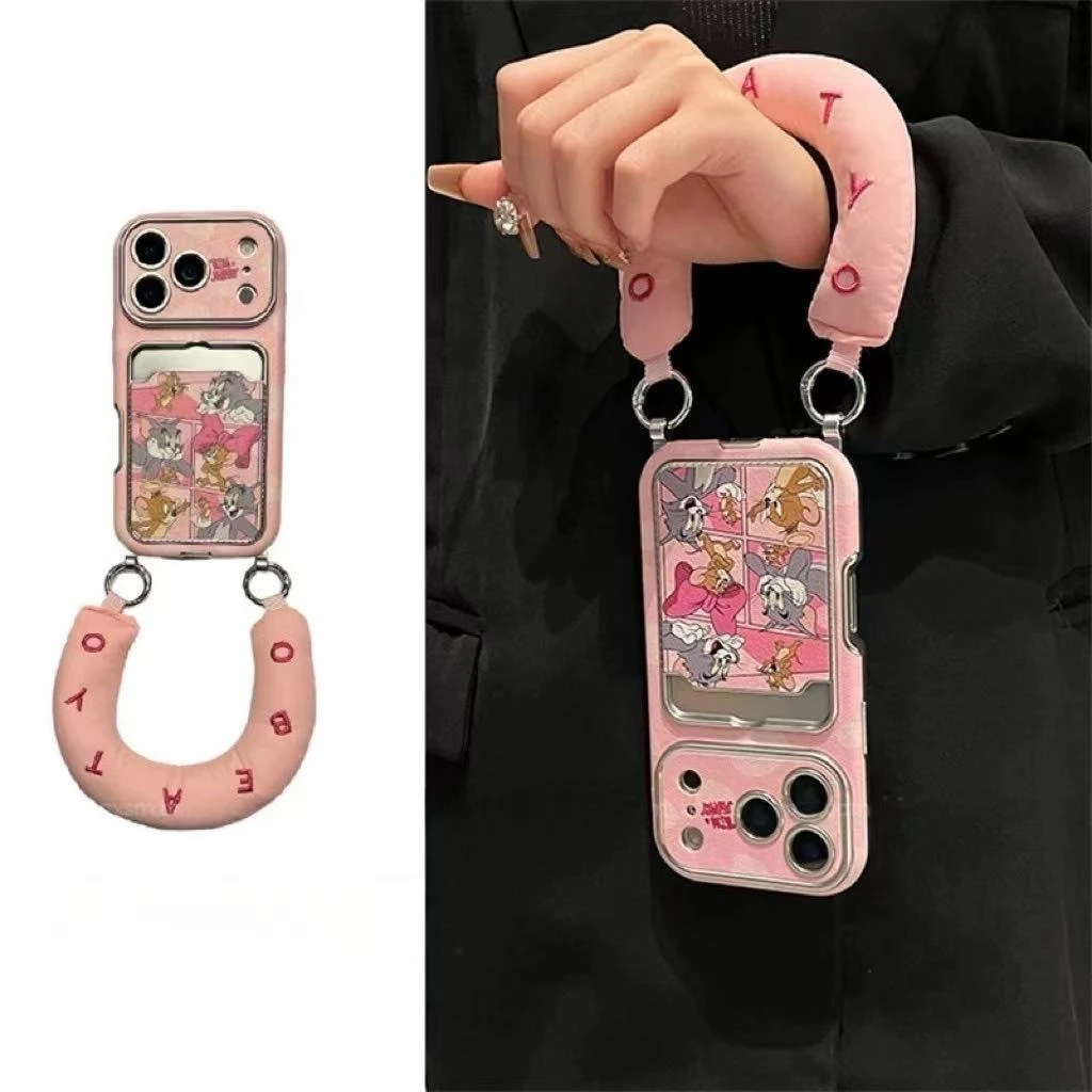 卡通粉底小猫卡包手腕带适用苹果17promax手机壳iPhone16pro新15
