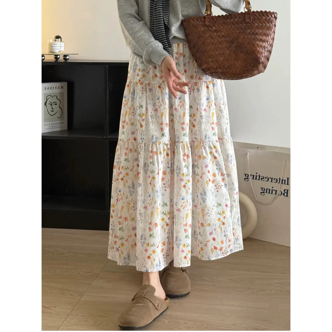 韩系温柔浪漫小碎花半身裙女2025春夏宽松显瘦百搭中长款a字伞裙