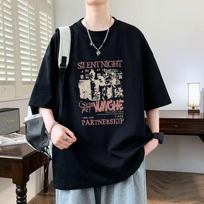 青少年纯棉t恤男孩短袖夏季初中学生潮牌宽松大码男士短袖