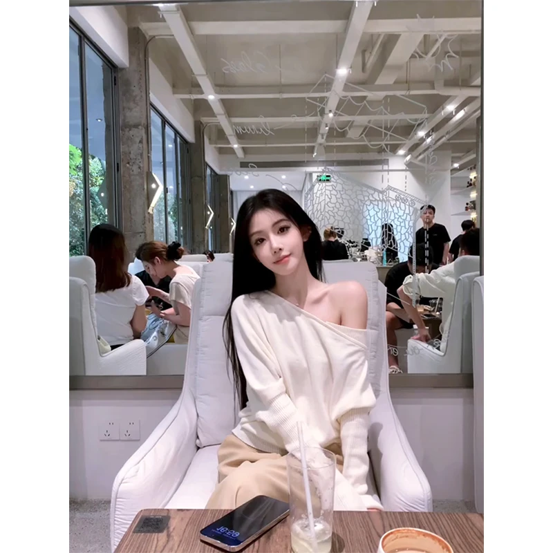 parkyeon秋季新款慵懒风软糯斜肩针织衫上衣高腰阔腿休闲裤套装女