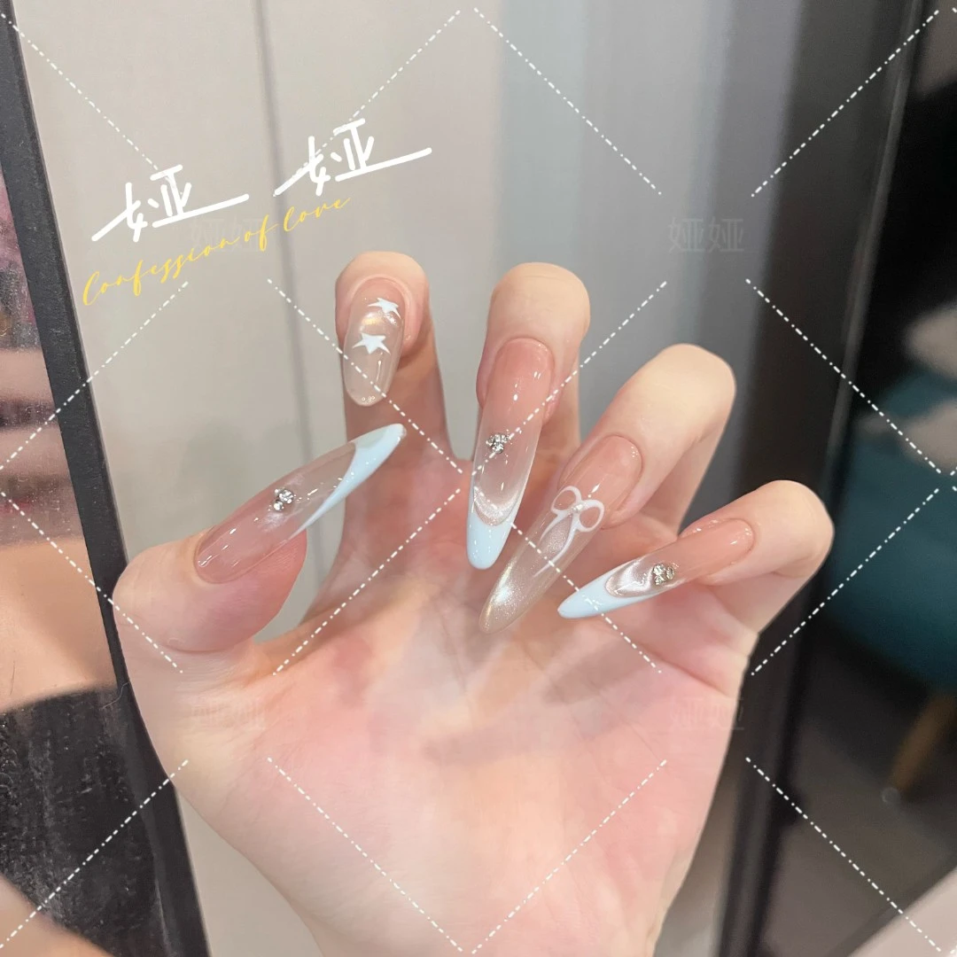 【海洋之心】纯手工穿戴甲气质款光疗美甲成品可拆卸10片装