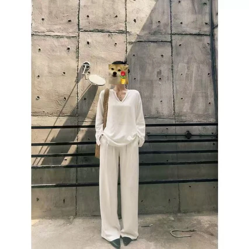 小呆 高级松弛感老钱风白色亚麻衬衫休闲阔腿裤套装6710