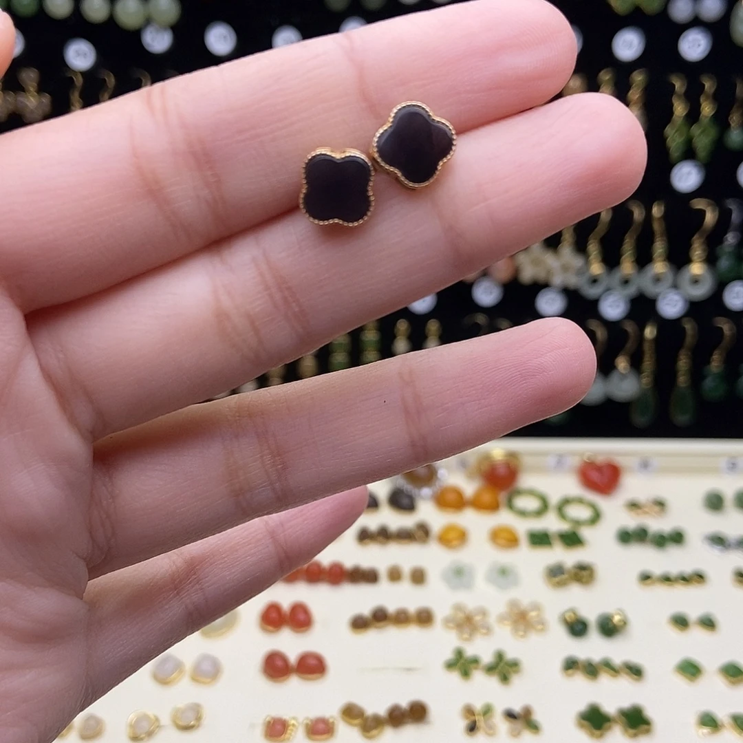 和田玉银S925镀金镶嵌耳饰