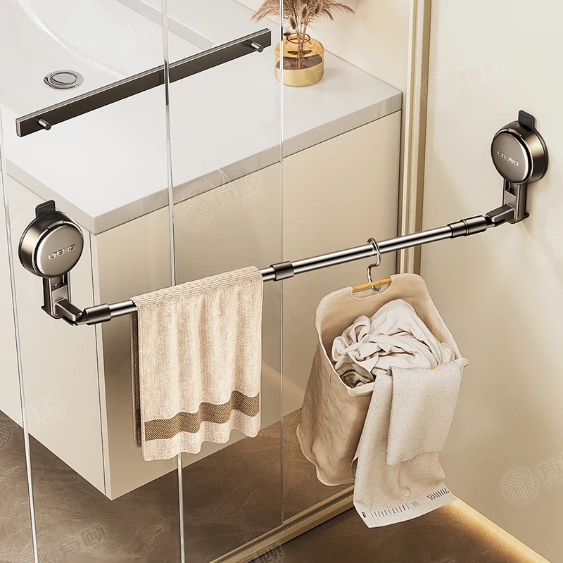 有顾毛巾架可伸缩毛巾杆卫生间免打孔挂式灰色吸盘毛巾杆双杆挂架
