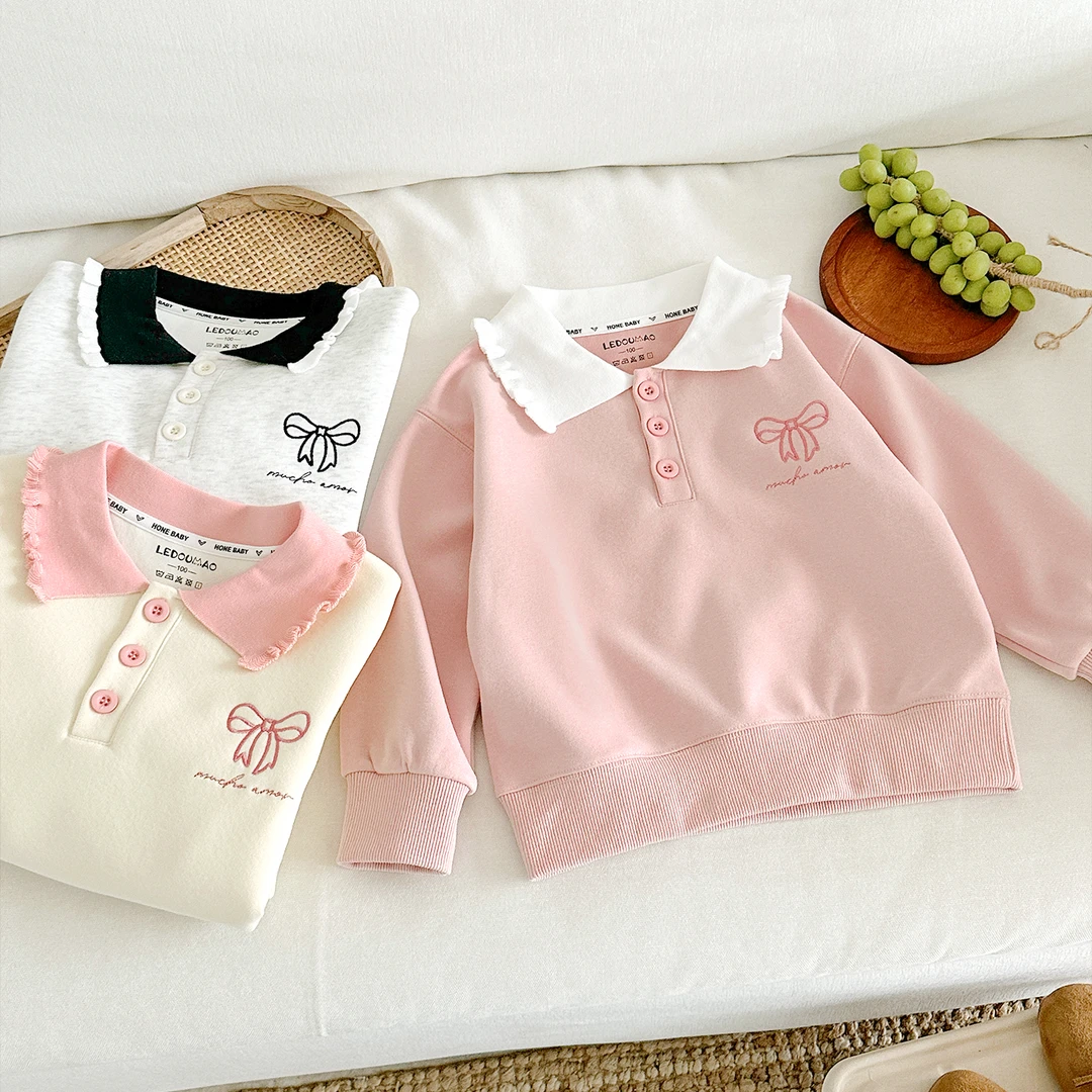 秋季新款女童polo翻领常规女宝宝蝴蝶结女休闲风洋气B类卫衣春秋