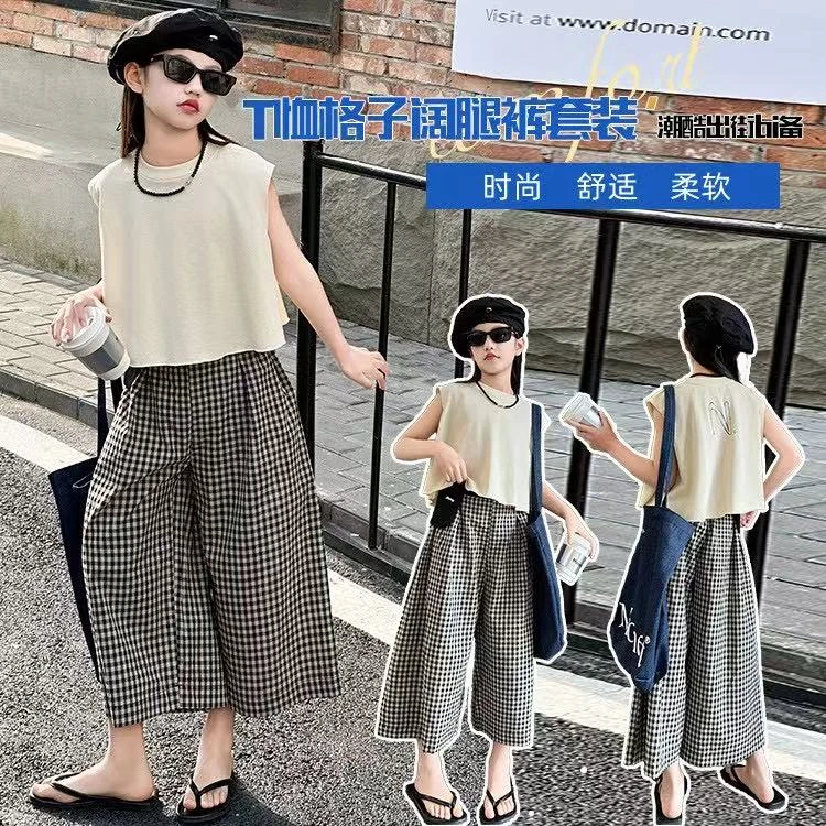 女童夏季套装2025新款儿童娃娃衫薄款阔腿裤格子洋气甜美两件套潮