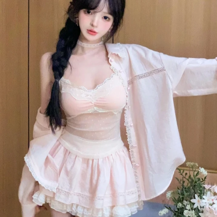 甜美风休闲套装女纯欲吊带背心防晒衬衫半身裙三件套2025春夏新款