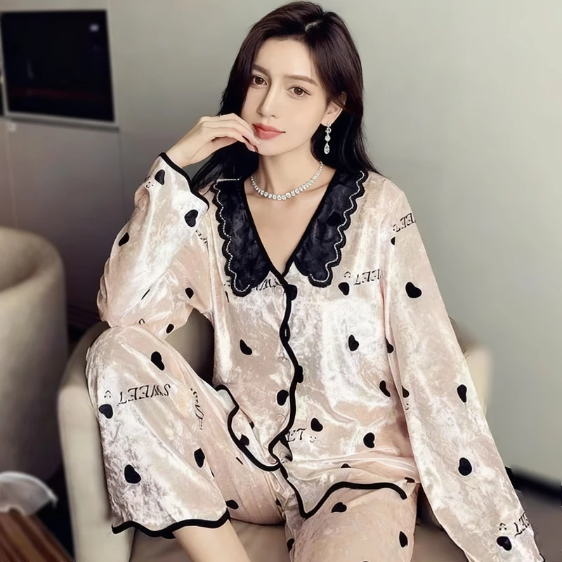 秋冬季蕾丝轻奢宫廷风长袖荷叶边金丝绒睡衣女加绒保暖家居服套装