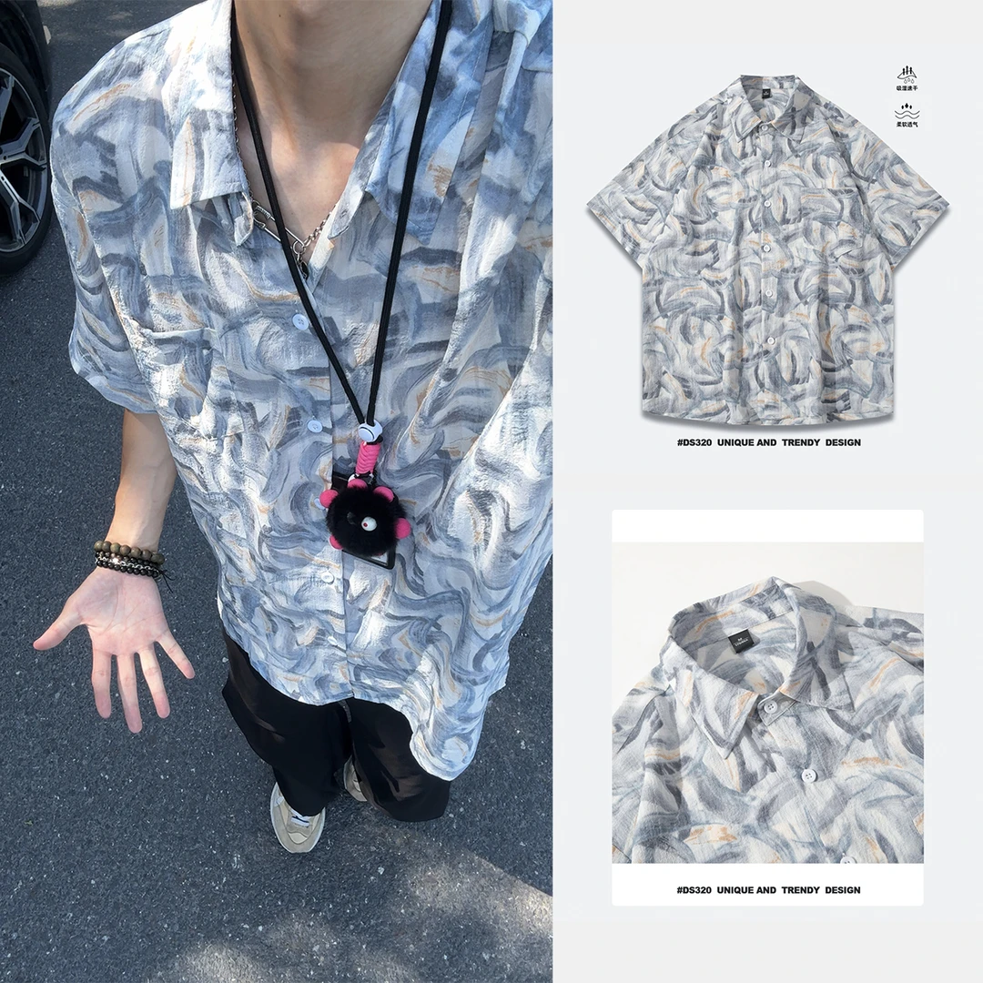 夏季男士宽松休闲衬衫国潮百搭痞帅美式复古花衬衫慵懒感衬衫男