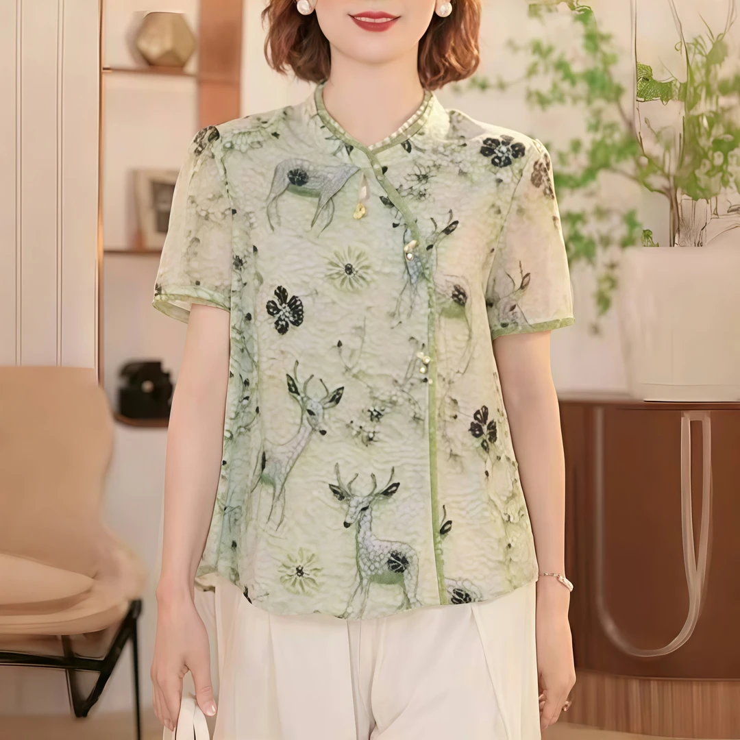 新中式国风印花短袖衬衫女2025夏季新款高端洋气显气质减龄小衫夏