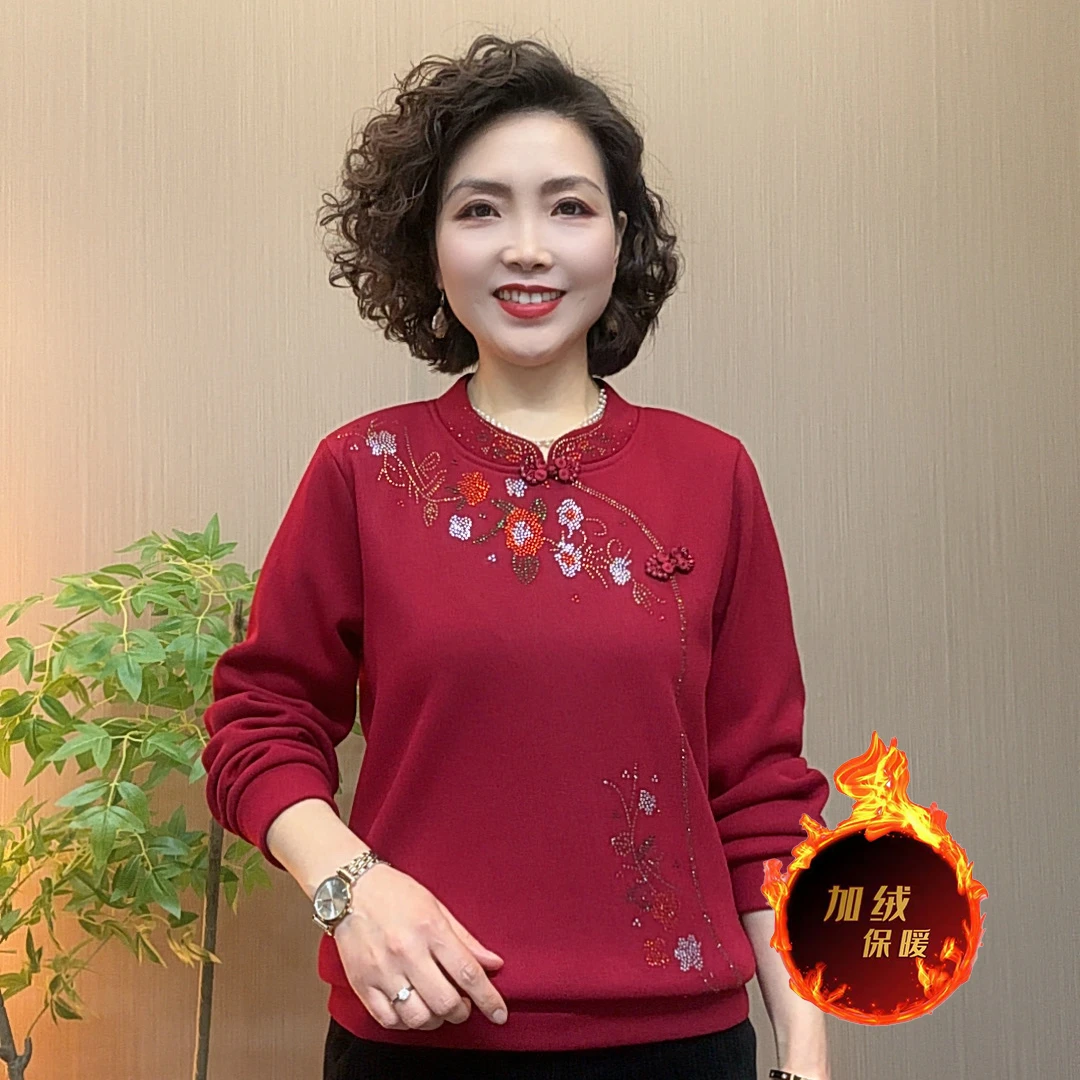 冬季新年中老年妈妈装宽松气质洋气加绒减龄保暖时尚新中式打底衫
