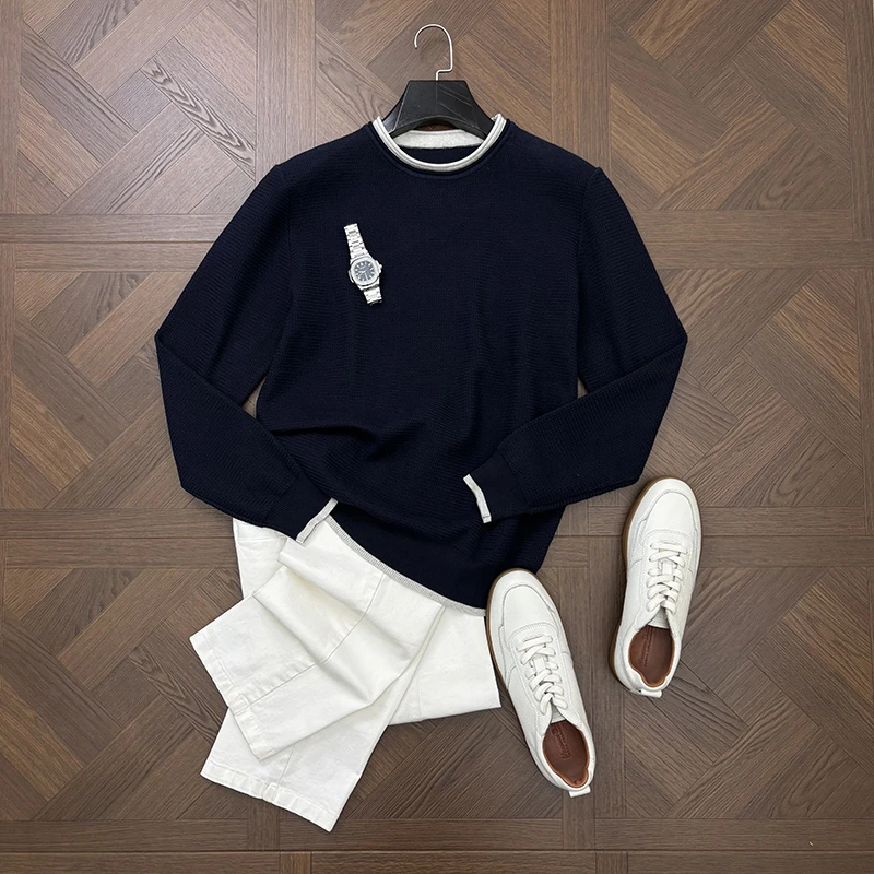 LANSIM·秋冬季撞色肌理感圆领针织衫男士休闲纯棉套头毛衣打底衫