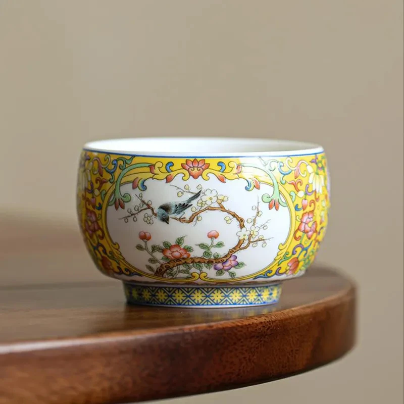 喜上眉俏开窗图案珐琅彩国风品茗杯彩绘中国风 S-3196