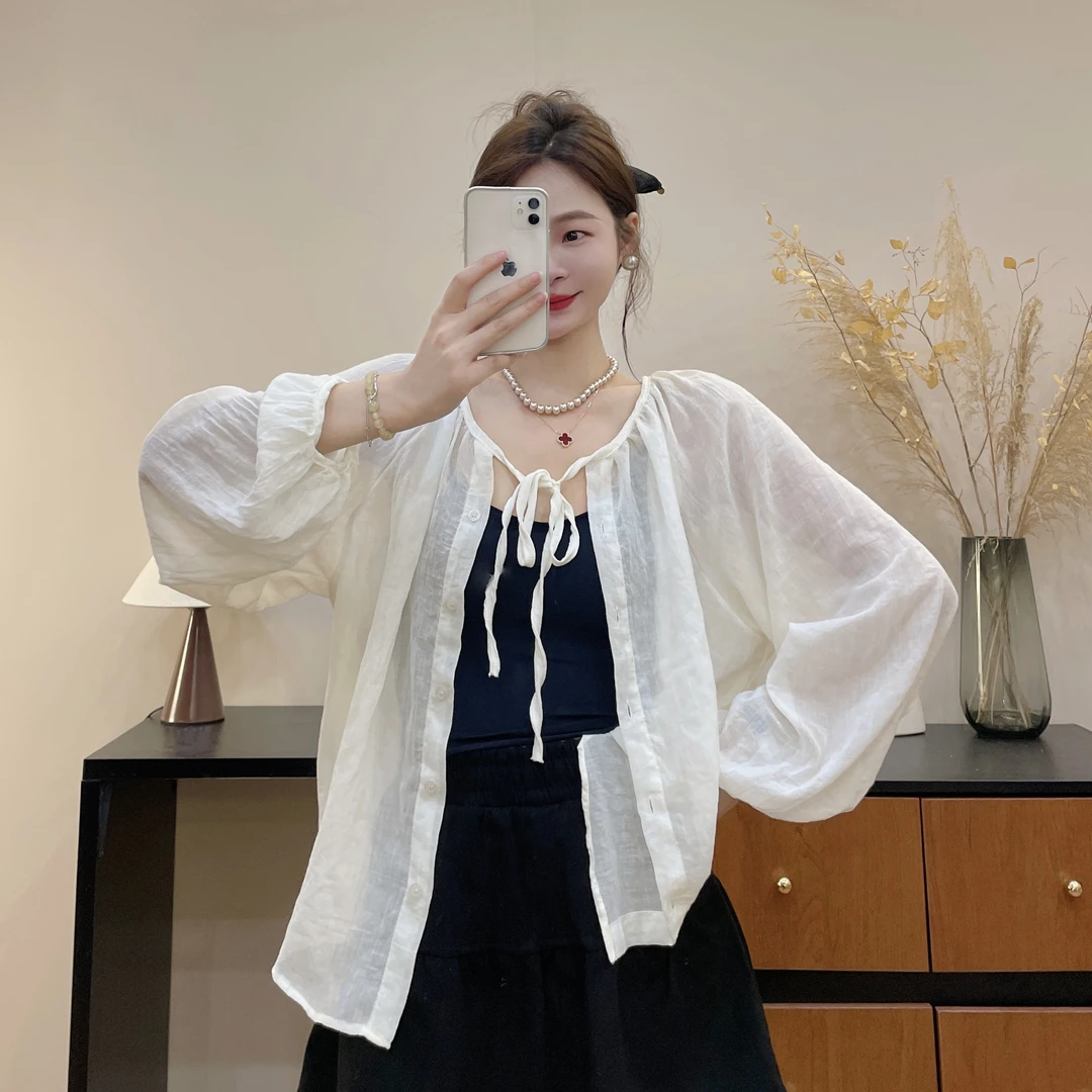 百搭防晒灯笼袖夏季系带单排多扣衬衫时尚外搭高质感穿搭
