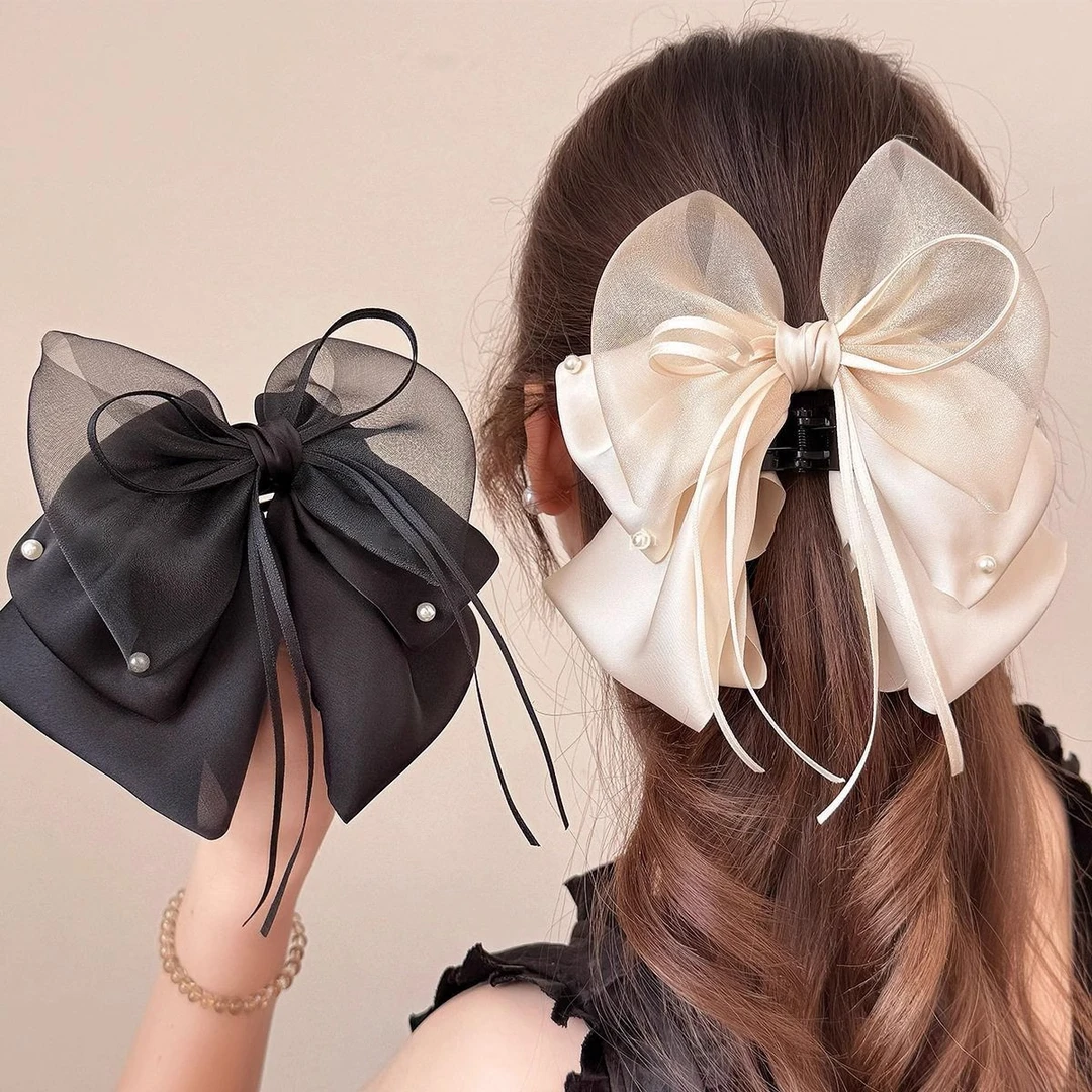 新品蝴蝶结发夹头饰蕾丝三层珍珠高级感抓夹显发量半扎发马尾发夹