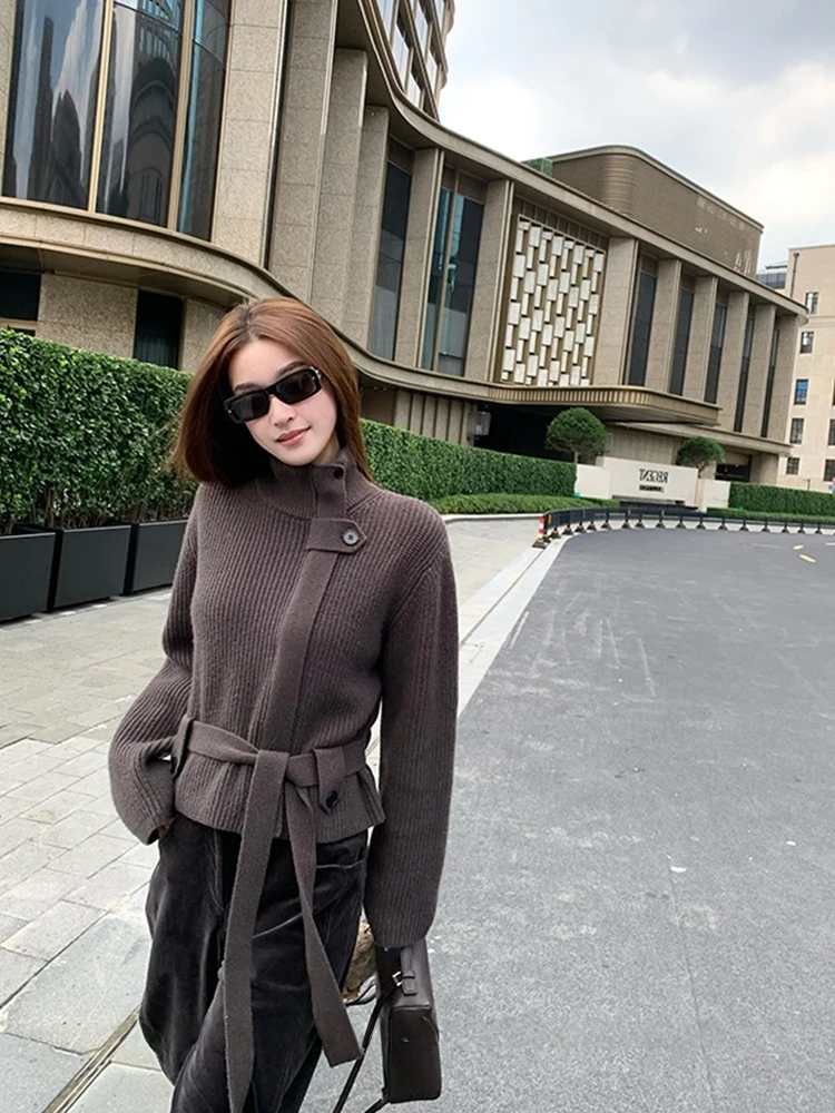 复古设计感毛衣开衫女半高领针织衫女气质休闲毛衣外搭秋冬立领