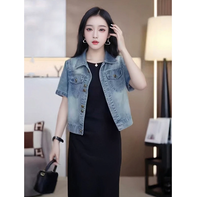 牛仔外搭薄款短袖外套女款夏季气质网红港味复古百搭短款衬衫上衣