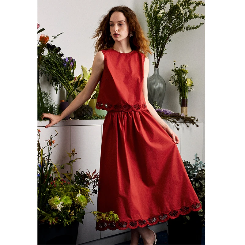 AEL原创红色镂空刺绣套装女2025夏设计感小众两件套裙装AS5BA278