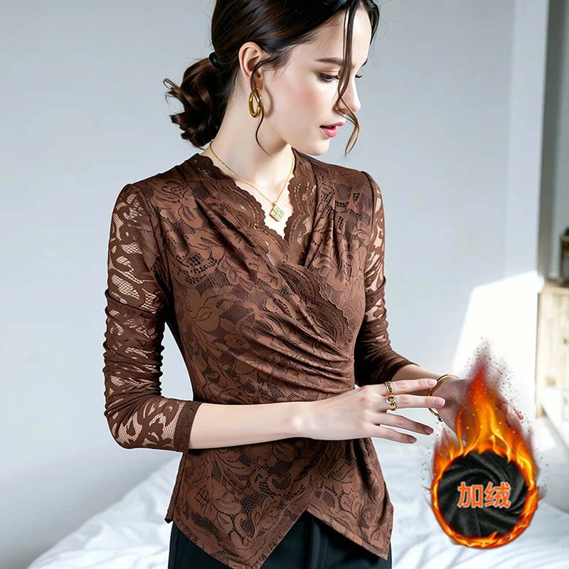 AQ#【常规/加绒】秋冬新款V领蕾丝上衣T恤显瘦纯色百搭长袖女A36H