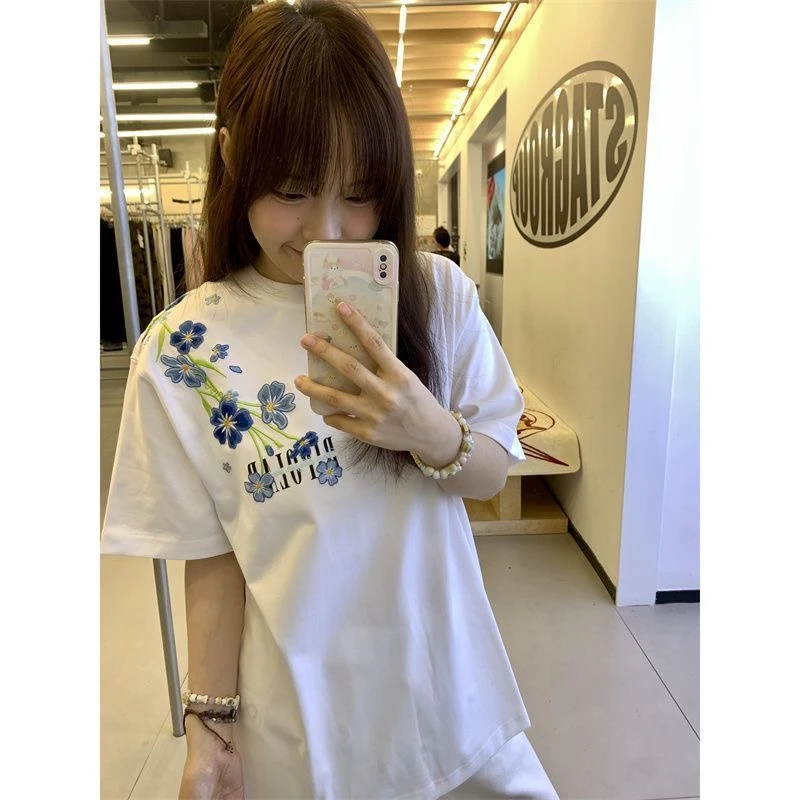 蓝花卉字母刺绣短袖t恤女夏季设计感小众美式复古国潮牌纯棉上衣