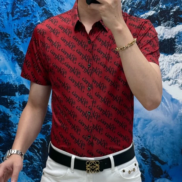 25春季（楚霸）桑蚕丝莱赛尔印花字母图案男士商务休闲免烫抗皱衬衫