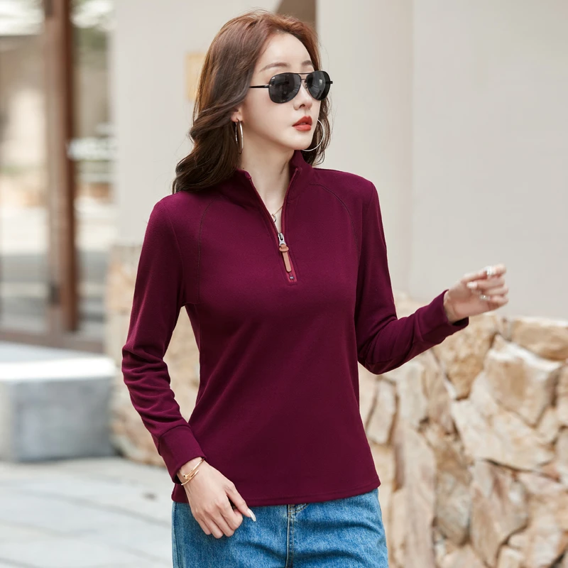 2025春秋新款半拉链长袖打女士休闲运动服宽松显瘦立领T恤修身潮