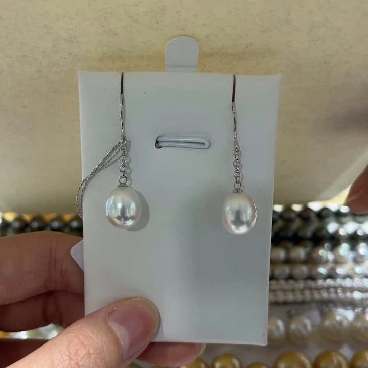 海水珍珠漏澳白风在吹耳钩9-10mm银S925镶嵌