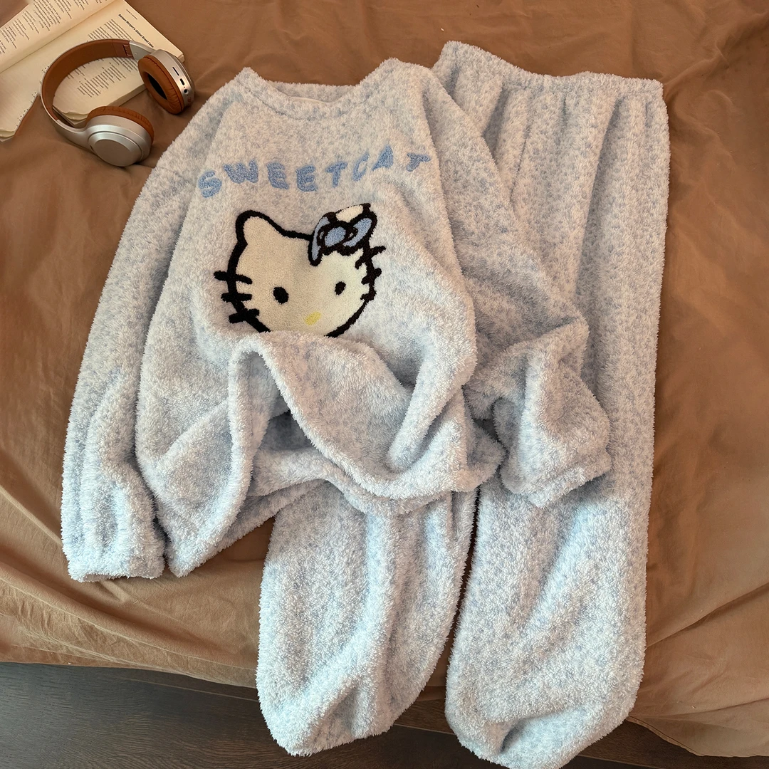 珊瑚绒睡衣女秋冬季大码加厚仿半边绒蓝kt猫套装可外穿冬天家居服