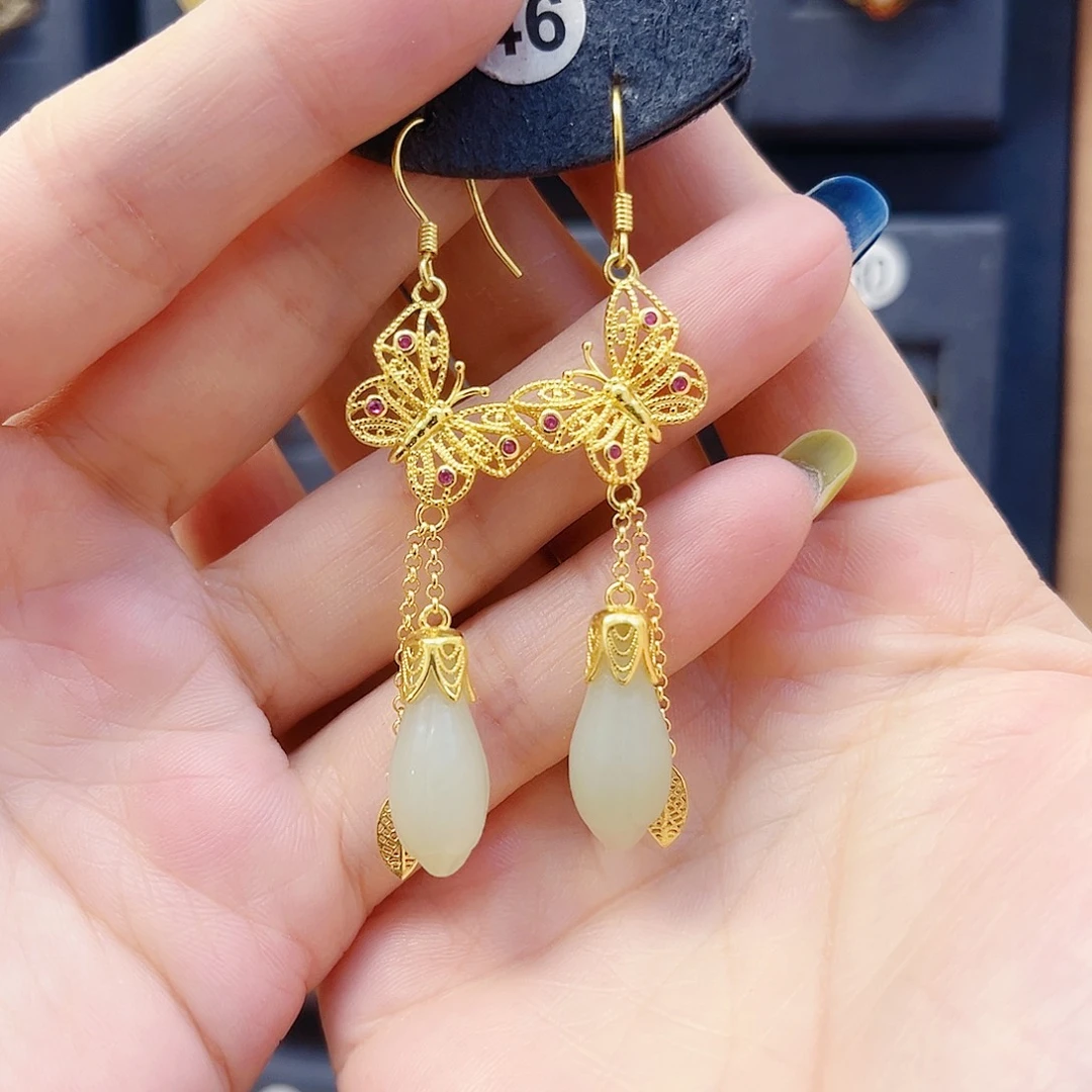 和田玉银S925镀金镶嵌耳饰