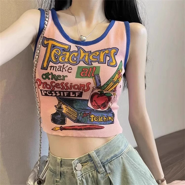 美式复古吊带背心女夏日多巴胺小个子印花短款外穿无袖甜辣小上衣