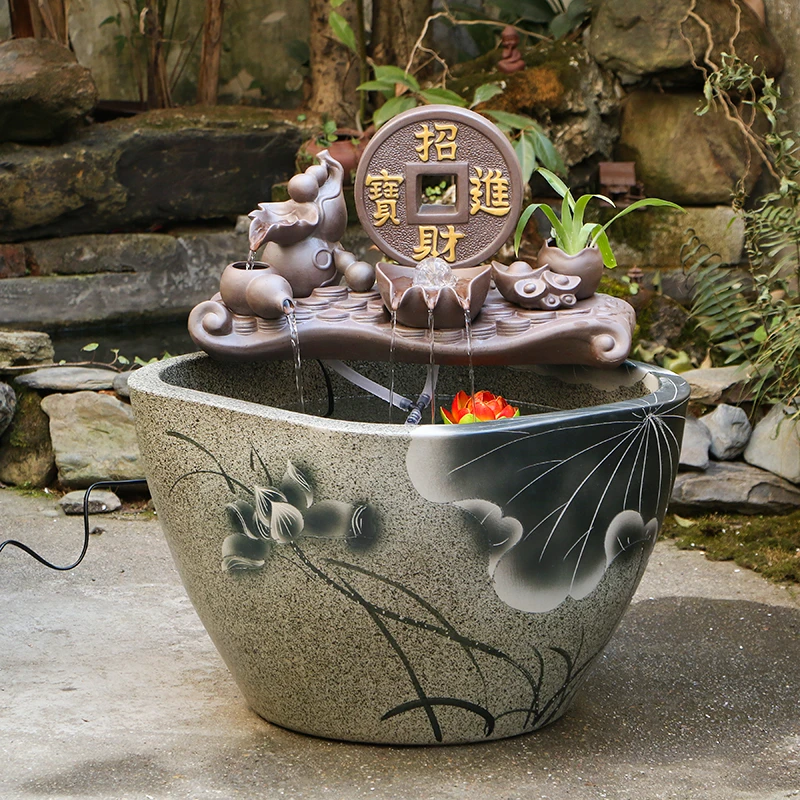 景德镇陶瓷摆件鱼缸流水喷泉家用鱼缸大号客厅加湿开业