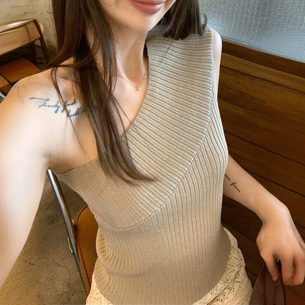 辣妹露肩无袖背心女夏季外穿高弹性针织小衫百搭纯欲打底衫上衣女