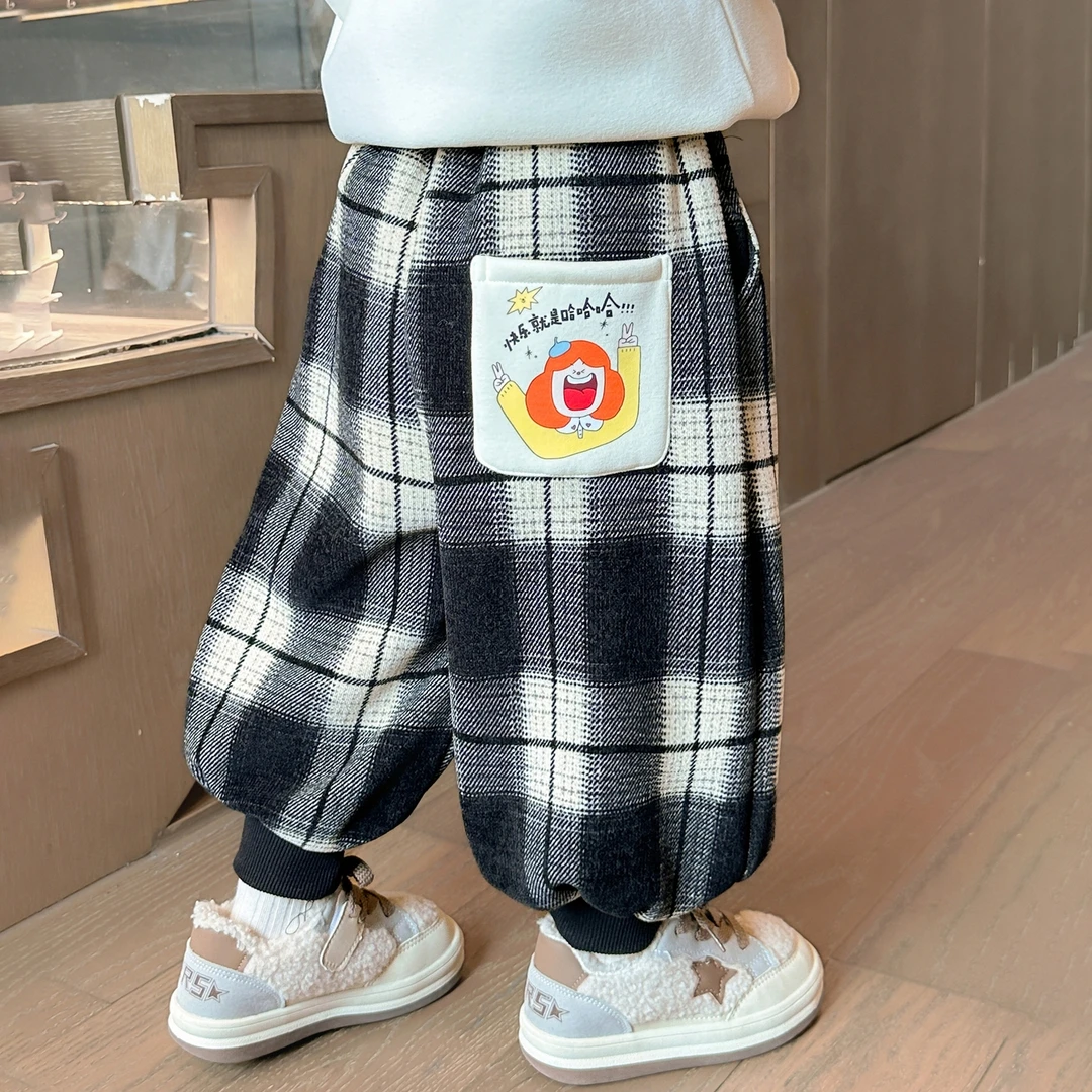 女童加绒裤子2025新款儿童秋冬装加厚休闲裤女宝宝冬季保暖格子裤