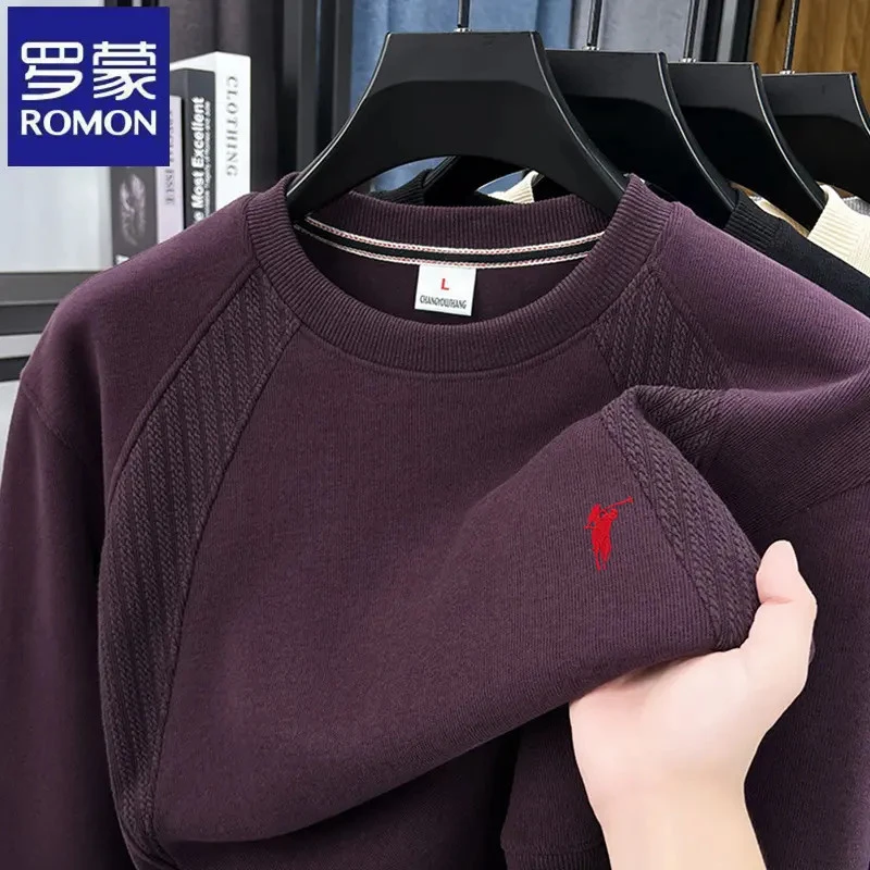 罗蒙休闲拼接纯色肌理纹马标绣花长袖卫衣春秋季时尚圆领男士t恤