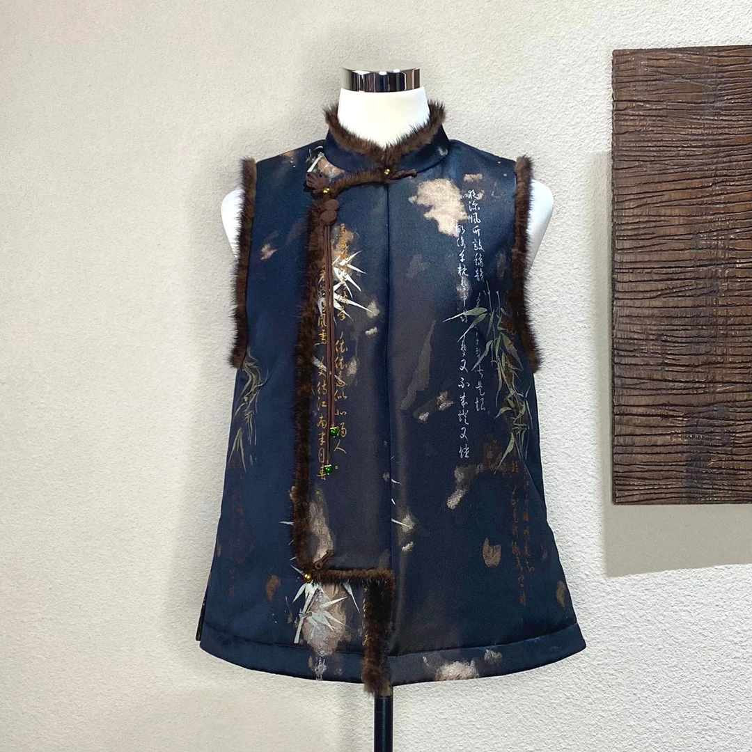 【墨筠】桑蚕丝立领水貂毛高档冬季中式斜襟保暖百搭无袖马夹240829